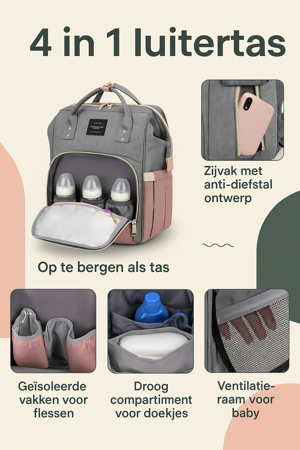 Onmisbare Mama tas – Lichtgewicht luiertas met opvouwbaar babybedje en extra veel ruimte